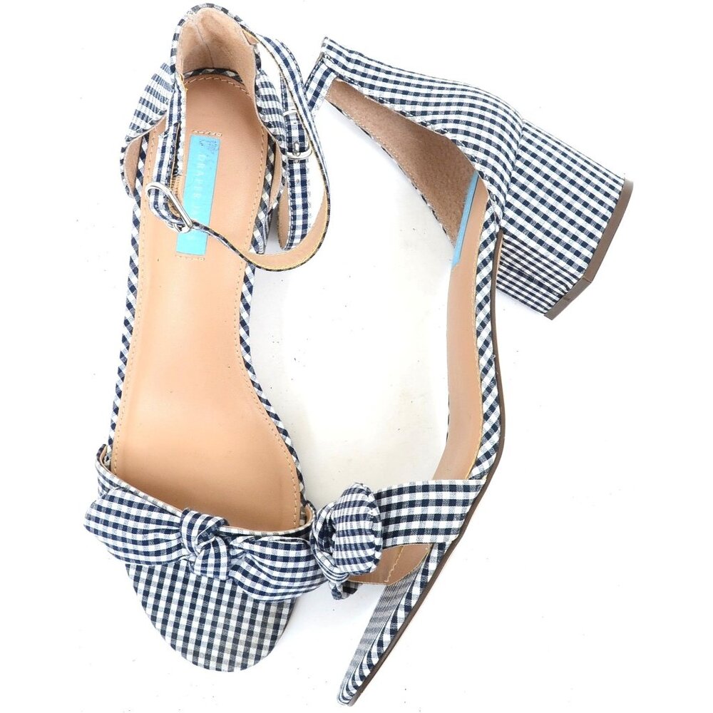 Draper James Preston Women's 10 Blue Gingham Block Heel Sandals Anklet Bows